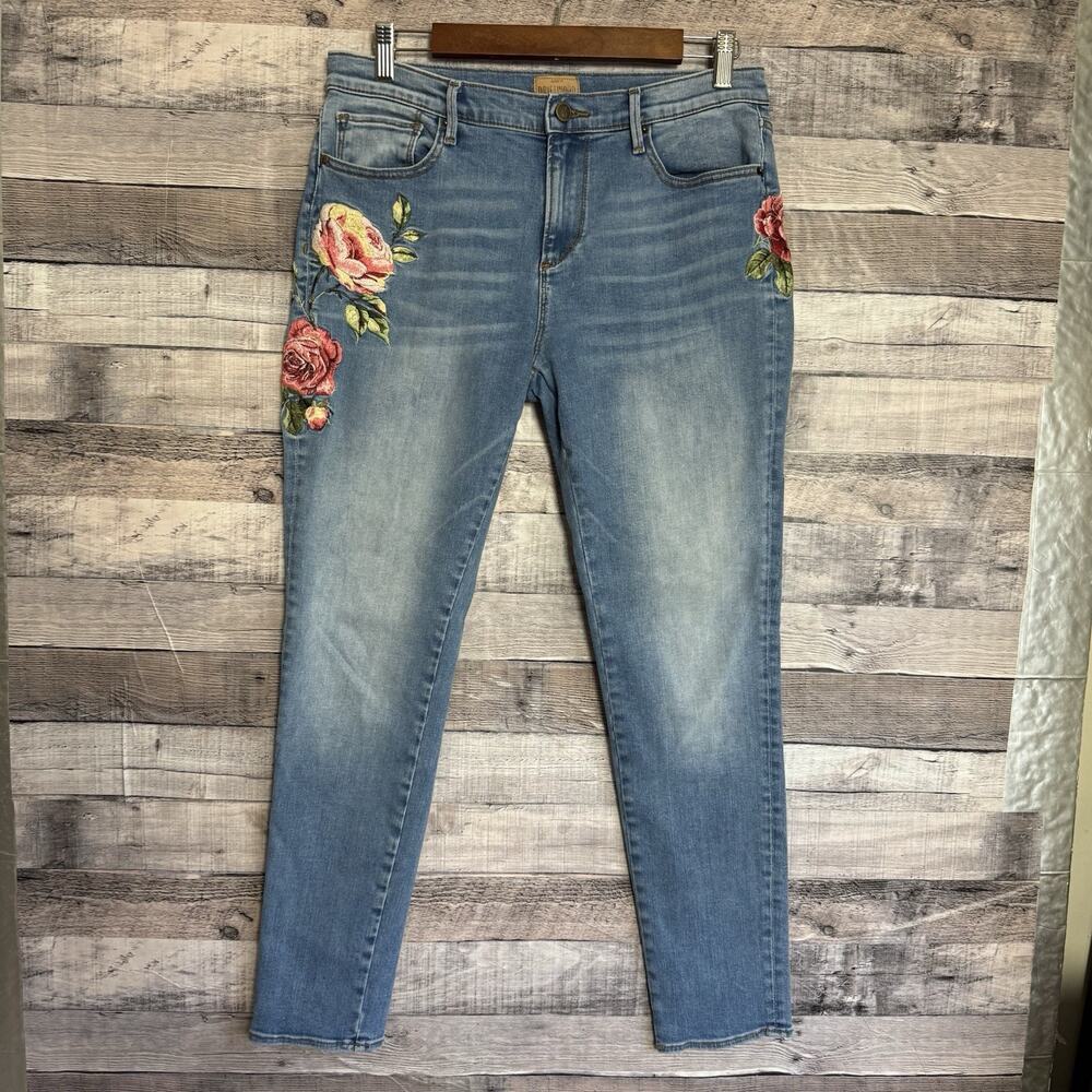 Driftwood Jackie Floral Embroidered Skinny Jeans Medium Wash Blue Sz 30 Boho